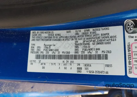 2011 Ford Fiesta Se z USA, uszkodzony, nr VIN 3FADP4EJ3BM147523